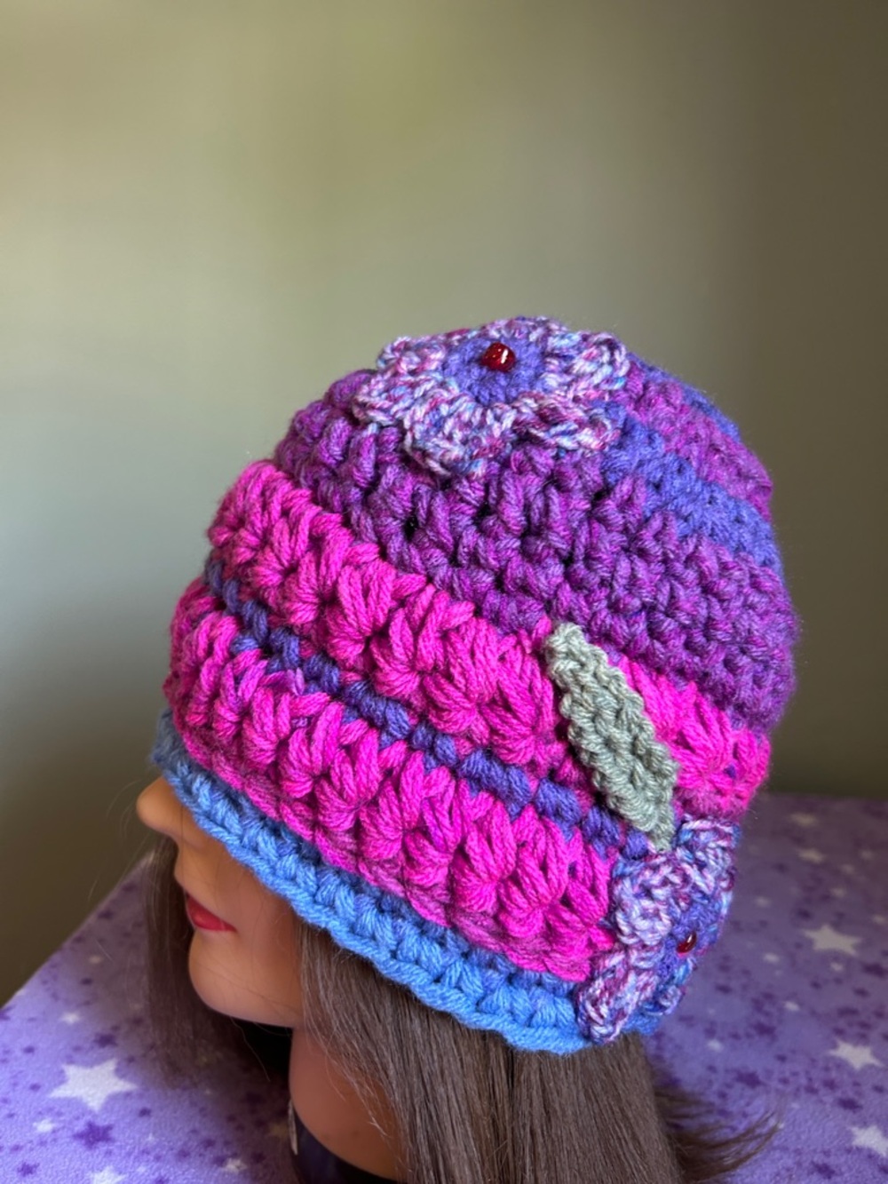 Handmade Purple and fuchsia Pink Crochet Flower Beanie medium acrylic